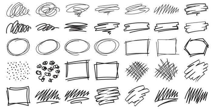 Black hand drawn shapes circles rectangles squares hexagons scribbles and lines for design elements.