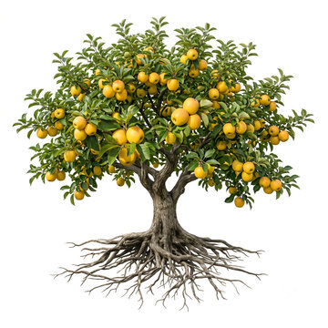Opal apple tree, mature full tree bearing ripe apples, exposed visible roots, 11 square ratio, isolated on seamless pure white background, ultra realistic botanical photography, centered composition.