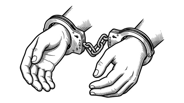Black and white line art illustration of hands in handcuffs