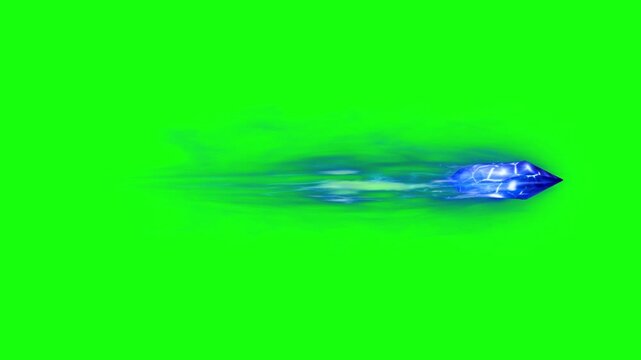 Magical glowing blue ice crystal projectile flying fast with energy trail on green background