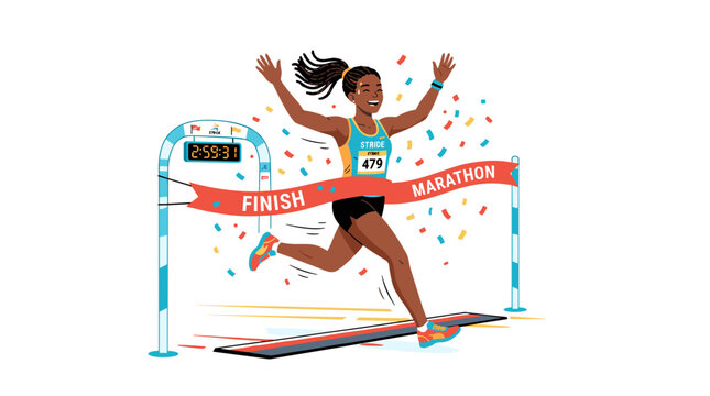 Excited Female Marathon Runner Crosses Finish Line With Arms Raised in Celebration Surrounded by Confetti