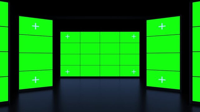 Digital video wall with green screen background for broadcast studio monitor technology chroma key blank