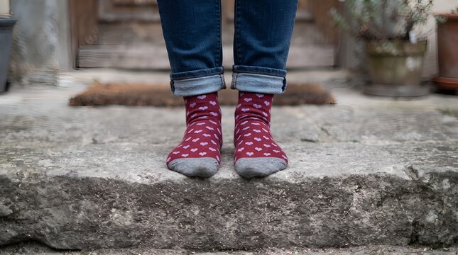 Close-up of a person's feet wearing maroon knitted socks with purple heart patterns and rolled-up jeans, standing on the edge of a stone pavement outdoors.