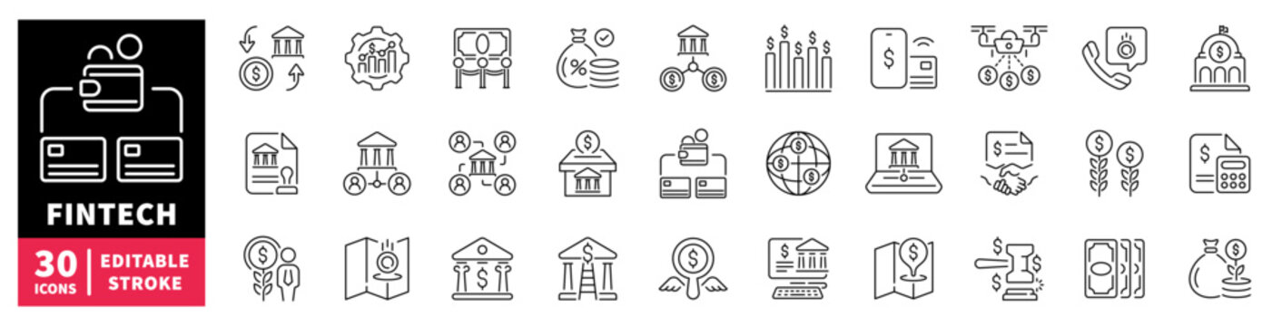 Collection of fintech icons representing financial technology and digital banking services