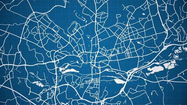 Ink reveal animation of Northampton city, Northamptonshire, United Kingdom, grid map. Aerial top view. Blueprint style. White lines with blue background. 4K Seamless loop.
