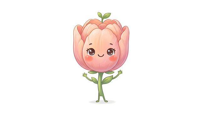 Sweet tulip character with blushing cheeks, smiling face, tiny arms and legs, soft pastel pink and peach petals, kawaii illustration, isolated on white background, clean composition, copy space,