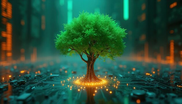 Green tree grows from glowing electronic circuit board. Virtual nature concept digital financial evolution. Abstract tech background features binary data streams with bright light particles. Modern