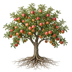 Fototapeta premium Northern Spy apple tree, mature full tree bearing ripe apples, exposed visible roots, 11 square ratio, isolated on seamless pure white background, ultra realistic botanical photography