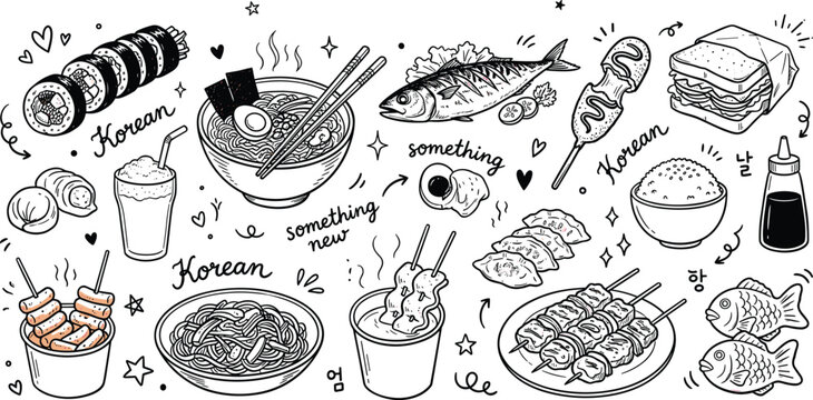 Korean food doodle vector illustration set with hand drawn gimbap ramen tteokbokki jjajangmyeon fish skewers dumplings rice and bento box