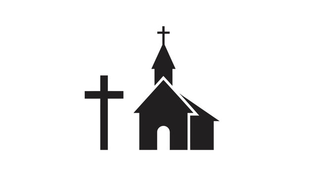 Minimalist black icon featuring a church building and a Christian cross symbol.