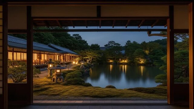 Traditional Japanese Garden View at Dusk from Temple Veranda with Stone Lanterns and Reflective Pond for Zen Meditation and Travel