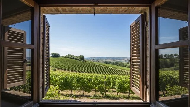 Scenic Vineyard View Through Open Rustic Window Frame with Wooden Shutters Overlooking Rolling Hills and Lush Green Grapevines in Summer