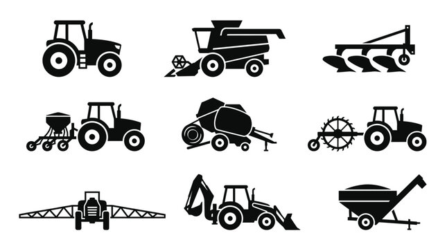 Agriculture Farm Machinery Glyph Icons Set. Solid Black Silhouettes of Tractors, Harvesters, Plows, Balers, Sprayers, Seeders, Loaders.