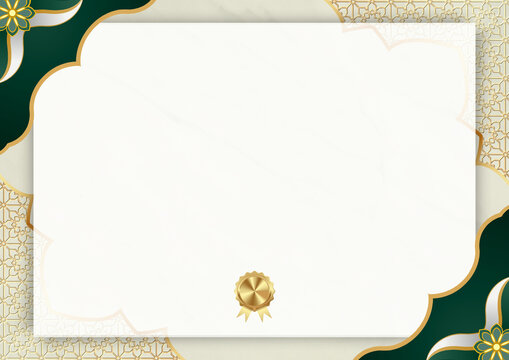 Islamic certificate border with elegant green and gold patterns, luxury award template with ornamental motifs, blank diploma background for religious events