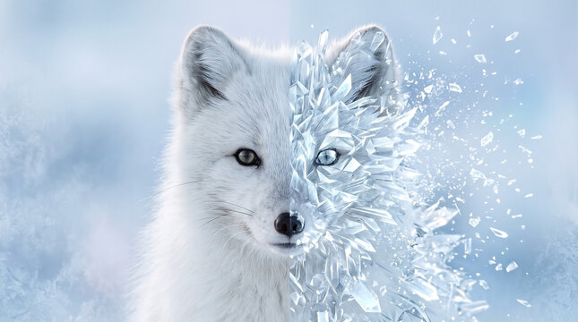 This stunning portrait shows an arctic fox with a split face, blending its natural fur with intricate, translucent ice crystals. The contrast captures a magical fusion of organic beauty and frozen, cr