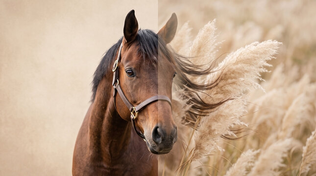 split-face portrait of a horse, transitioning from its realistic natural appearance into a blend of flowing pampas grass. This design captures a harmonious, earthy connection between the majestic anim