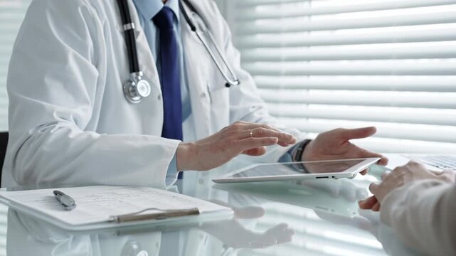 Doctor consulting patient about health, providing medical advice and discussing treatment options during a professional healthcare appointment in an office