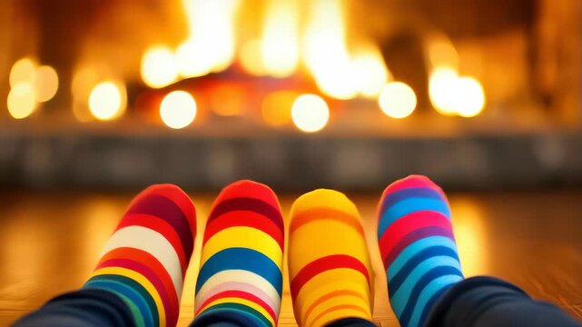 Cozy Feet by the Fire: Four pairs of feet clad in vibrantly striped, colorful socks are warmed by the gentle, glowing embers of a crackling fireplace, evoking a sense of comfort and togetherness.
