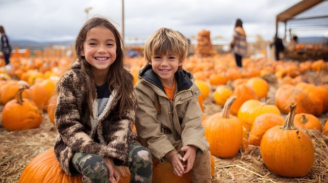 A happy young girl and boy are sitting on large pumpkins at a pumpkin patch on a cloudy day.