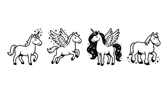 Hand drawn unicorn and pegasus line art doodle icon set