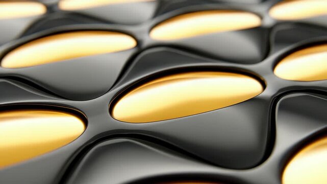 Abstract Black and Gold Pattern: An abstract geometric pattern featuring a sleek, undulating surface of matte black interspersed with shimmering golden oval shapes.