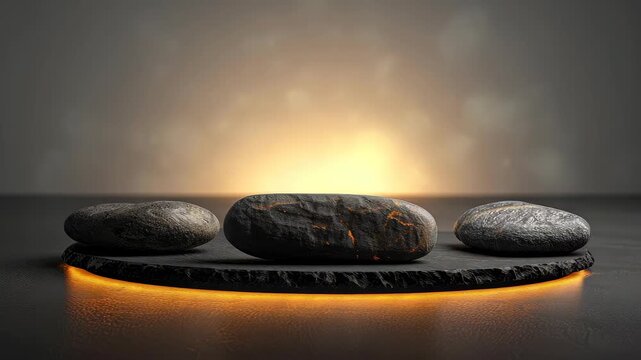 Zen Stones Trio: Three smooth, dark stones rest on a textured slate pedestal, illuminated by a warm, ambient glow, evoking a sense of tranquility and balance.