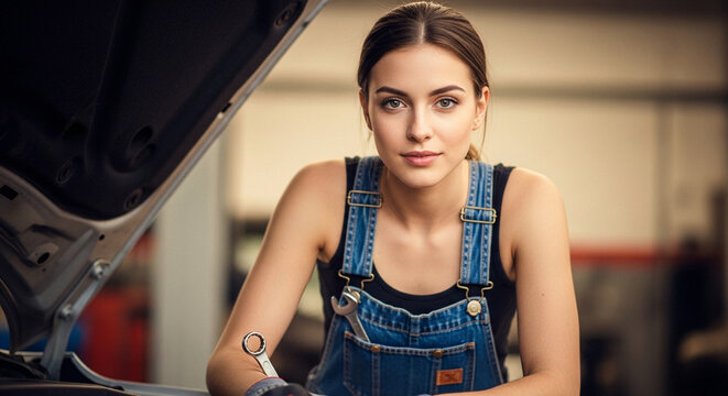 Female mechanic working in auto repair shop