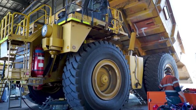 Heavy Diesel Mechanics Repairing Large Mining Haul Truck in Workshop CATERPILLAR CAT Heavy Duty Fitter, HD Fitter, Mine Mechanic, Mining, Haul Truck engine	