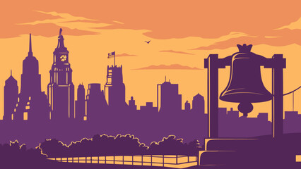 Obraz premium Philadelphia skyline with historic liberty bell at sunset