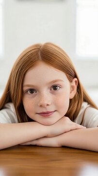 Young redheaded girl with freckles resting head on arms with eyes closed, peaceful child portrait representing calm mindfulness and rest