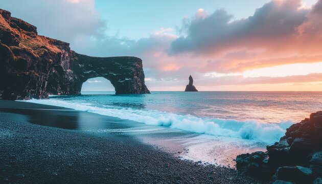 Sunset over Icelandic black sand beach with rock arch