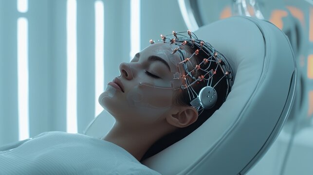 Woman in futuristic medical device undergoing brainwave scanning.