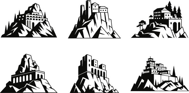 mountain fortress and medieval castle silhouettes, black and white vector icons of architecture on rocky cliffs