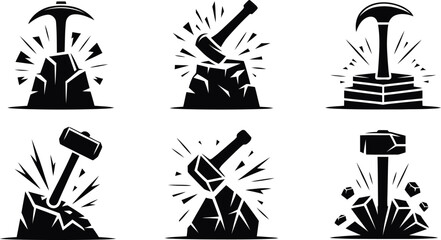 Hammer and Pickaxe Breaking Rock Vector Icon © Ahamedpicu