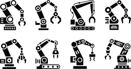 Obraz premium Industrial Robotic Arm Icon Set Manufacturing Automation Vector