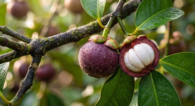 Fresh ripe mangosteen fruit on a tree branch with water droplets, sliced half showing white inner flesh