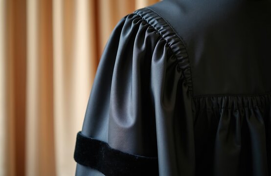 Detail view of black graduation gown worn by student at university ceremony. Silk fabric shows pleated shoulders, velvet trim sleeve. Pro academic dress represents high level education success