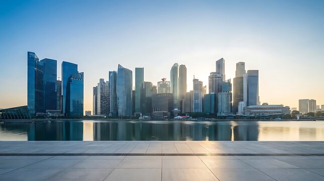 Breathtaking panoramic view of a vibrant modern city skyline reflected in tranquil waters, bathed in the soft glow of dawn or dusk, featuring an expansive urban plaza