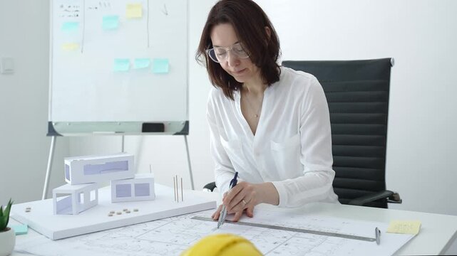 Professional female architect working on blueprints and scale models at a bright office desk, concentrating on urban planning, structural design and project development