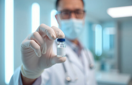 Pro doctor in white coat, protective mask holds clear peptide vial in medical clinic. Scientist uses latex gloves for safe handling of liquid drug solution during lab research process. Healthcare