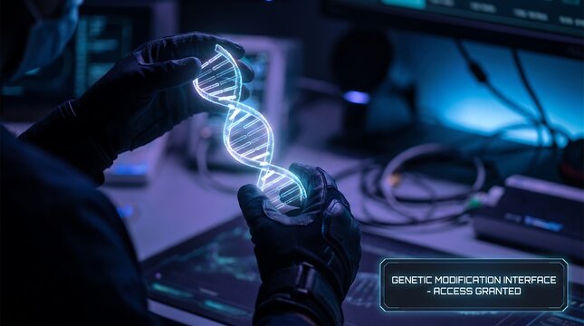Futuristic scientist manipulating a glowing holographic DNA helix for genetic modification in a high-tech laboratory