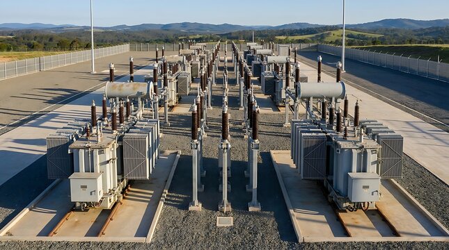 Vast electrical substation showcasing high-voltage transformers and power distribution infrastructure, essential for modern energy transmission and industrial efficiency