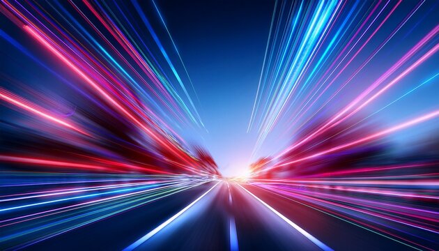 abstract image of fast motion on a highway with shimmering light streaks and neon glow