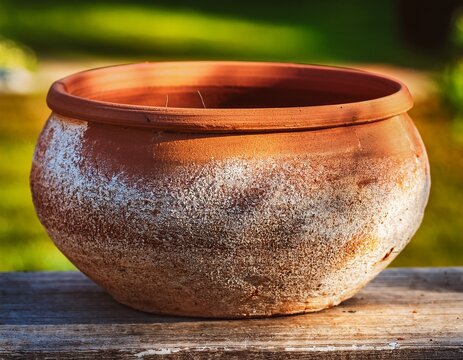 terracotta plant pot with weathered patina and white mineral deposits rustic round clay planter for gardening decorative home or patio accent conveying natural aged charm