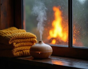Obraz premium Wooden oil diffuser emits white steam vapor on dark window sill near warm fireplace flame. Yellow knitted blanket rests beside humidifying device during rainy evening. Interior scene offers cozy calm
