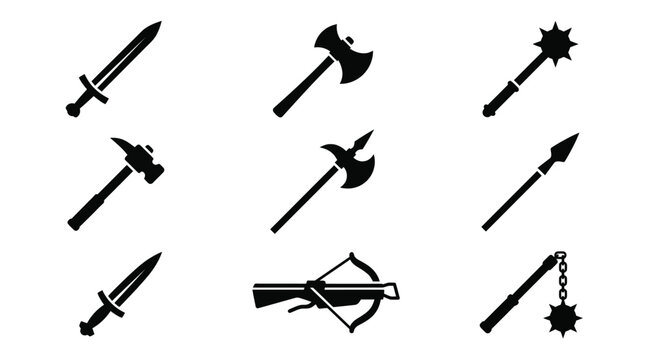 Fantasy RPG Medieval Weapons and Tools Icon Set. Black Flat Vector Glyph Silhouettes of Sword, Axe, Mace, Spear, Dagger, Crossbow, Hammer, Halberd, Flail.