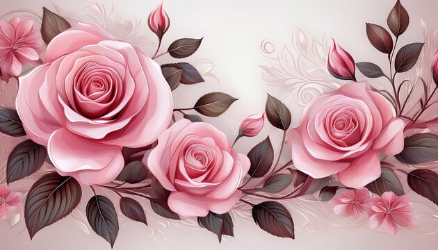 stylized pink floral design with blooming roses detailed leaves on a light background