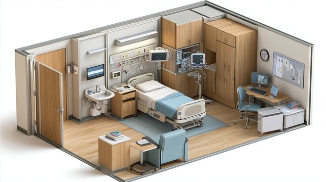 Hospital room, for sleep studies, holds a bed, monitors, sink, desk, and storage.