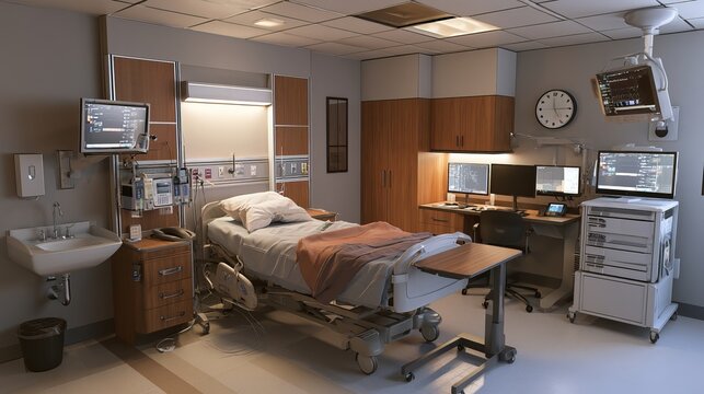 Hospital room, for sleep studies, holds a bed, monitors, sink, desk, and storage.