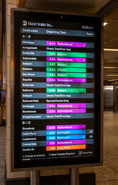 New York, New York USA - June 6, 2026: Long Island Rail Road departures board in Penn Station.